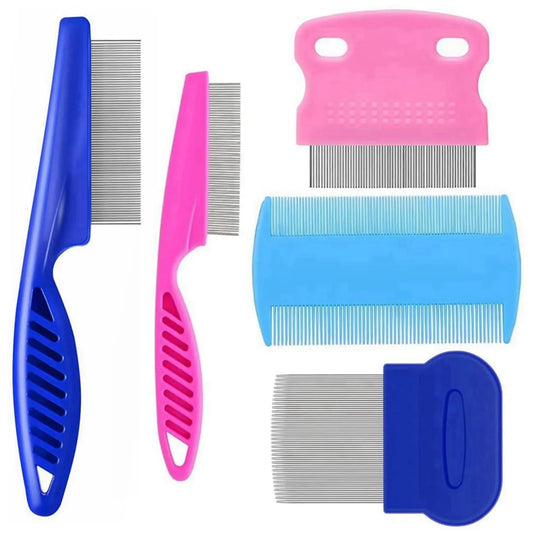 5 Pack Pet Flea Combs, Stainless Steel Grooming Combs for Dogs & Cats, Double-Sided Tear Stain Remover & Dematting Tool