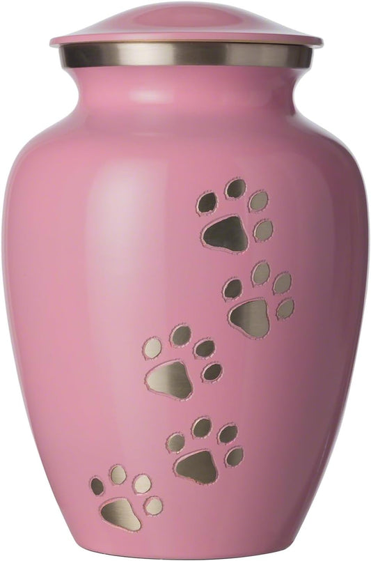 Ottillie Paws Legacy Series Pet Urn for Dogs, Handmade Aluminum Memorial Cremation Urn (Medium - Pets up to 65 Lbs, Ardent Pink, Vertical Pewter Paws)