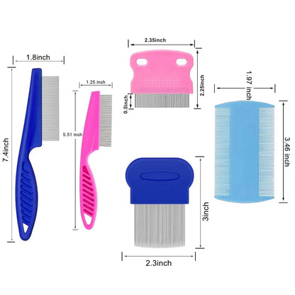 5 Pack Pet Flea Combs, Stainless Steel Grooming Combs for Dogs & Cats, Double-Sided Tear Stain Remover & Dematting Tool
