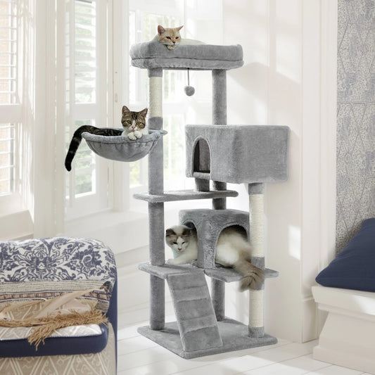 56" Cat Tree for Indoor Cats Cat Condos for Adult Cats with Padded Plush Perch and Cozy Basket Cat Tower for Large Cats , Gray